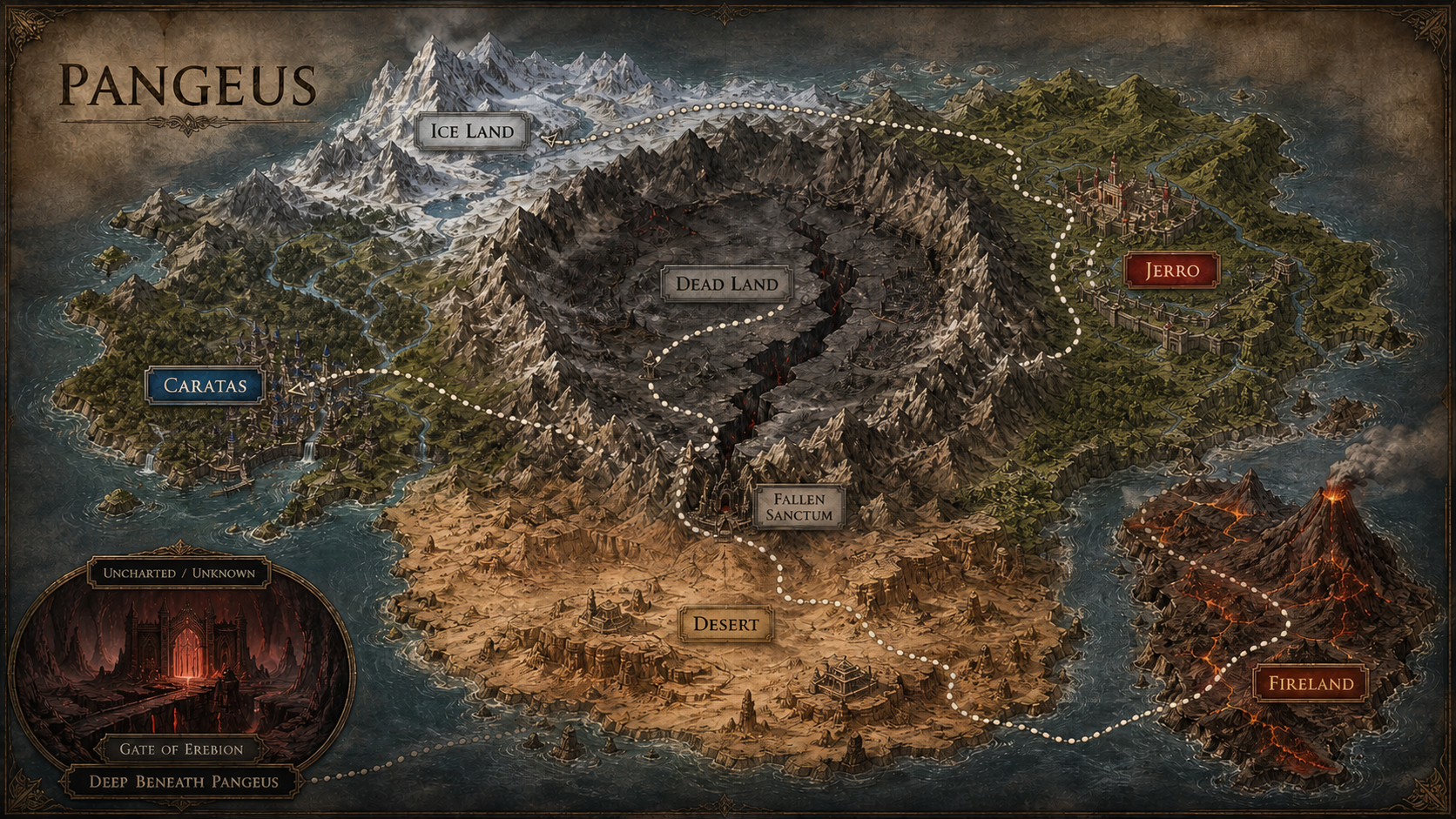 Mapa de Pangeus com Caratas, Jerro e os reinos perdidos Esford e Orin